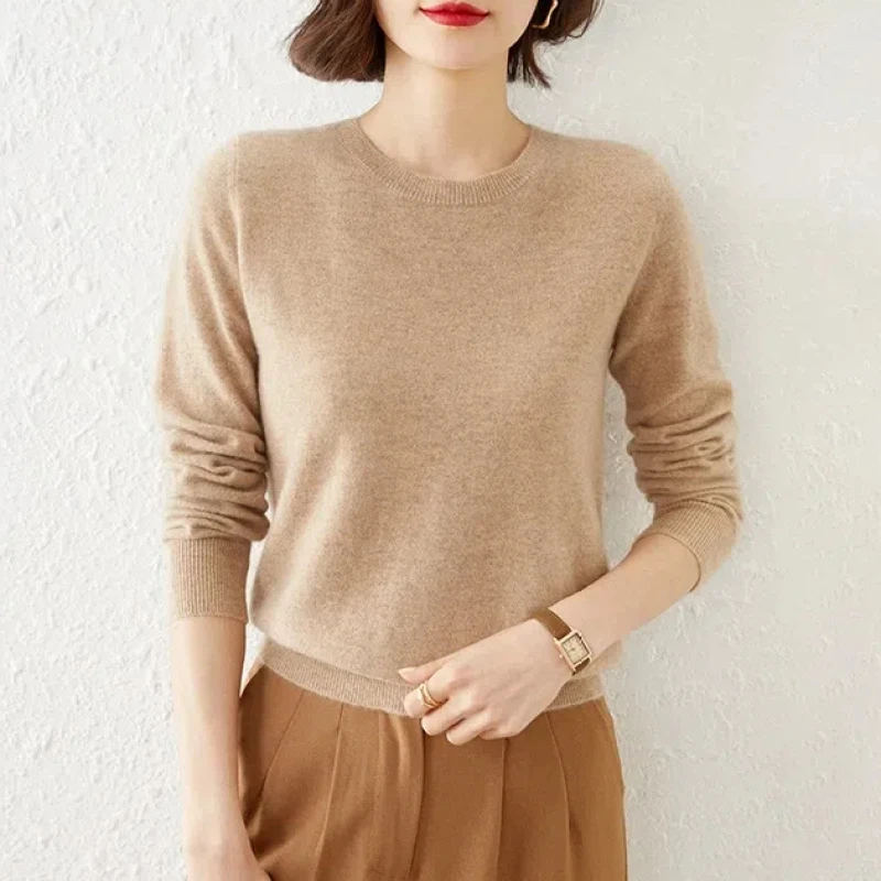 Autumn Winter Knitted Solid Color Women's Clothing Round Neck Pullover Long Sleeve Sweater Screw Thread Flattering Korean Tops