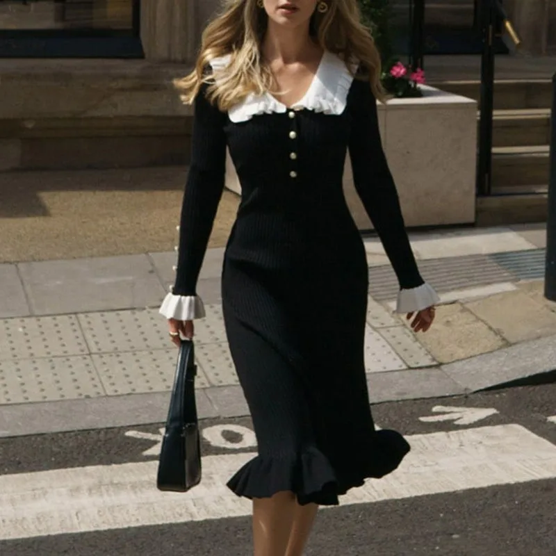 

Lotus Leaf Edge Dress Knitted Skirt Autumn and Winter New Sweater Skirt 2025 Retro Lady French Skirt Woman