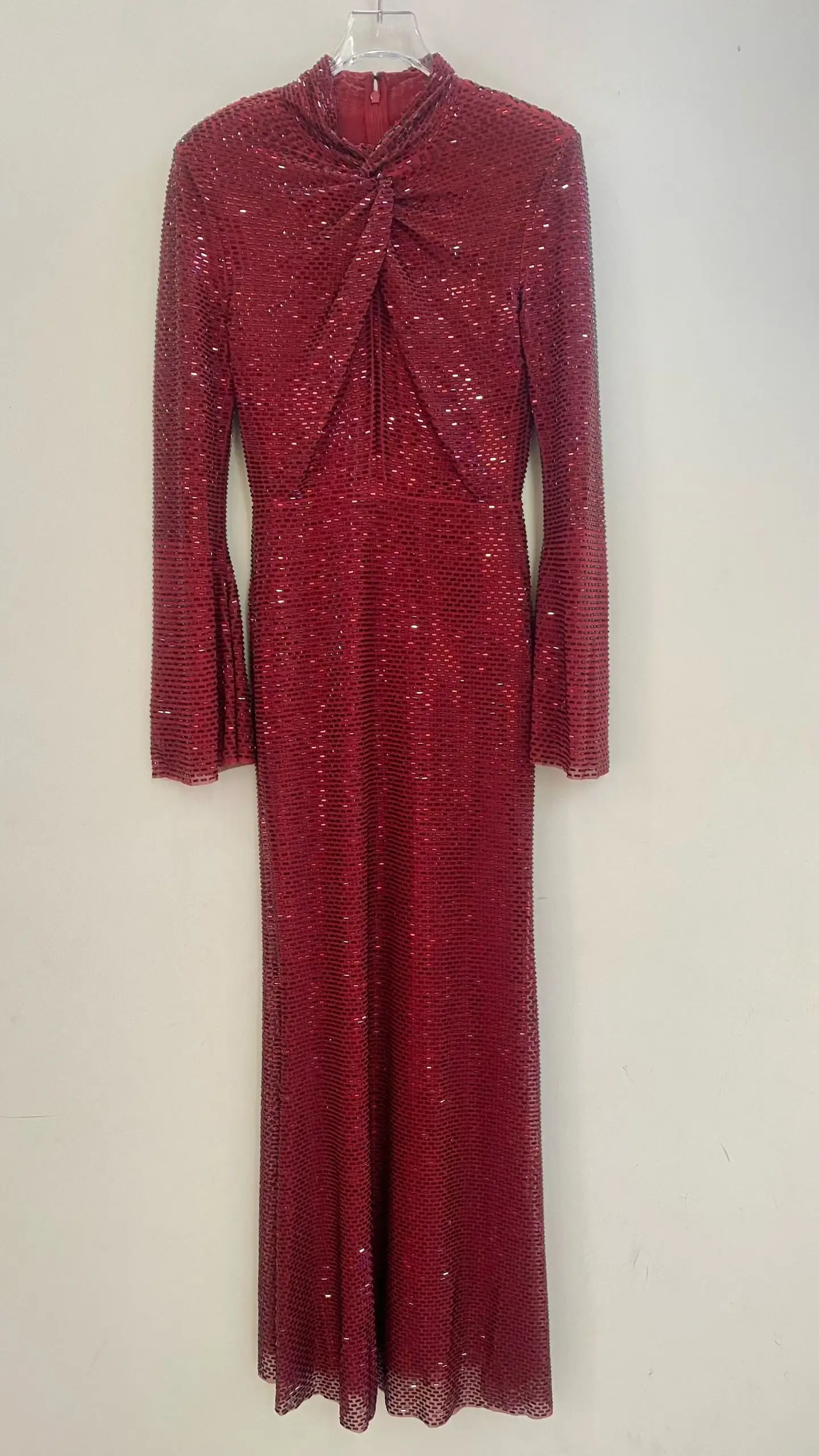 Women Red Sequin Mermaid Maxi Dress High Neck Long Sleeve Formal Evening Gown for Wedding Guest dress