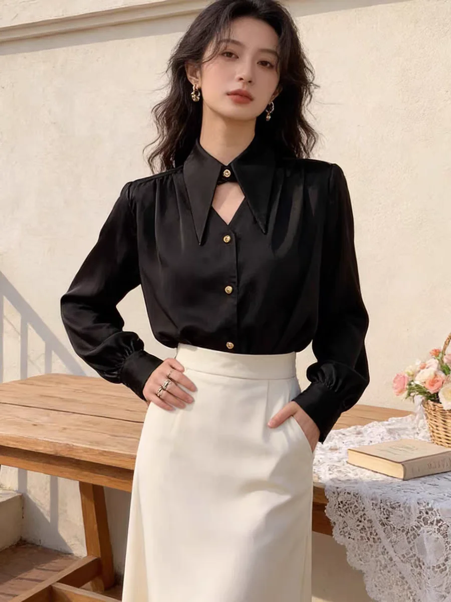 

Новая женская атласная рубашка в корейском стиле, с длинным рукавом, на пуговицах, для офиса, женская блузка-топ