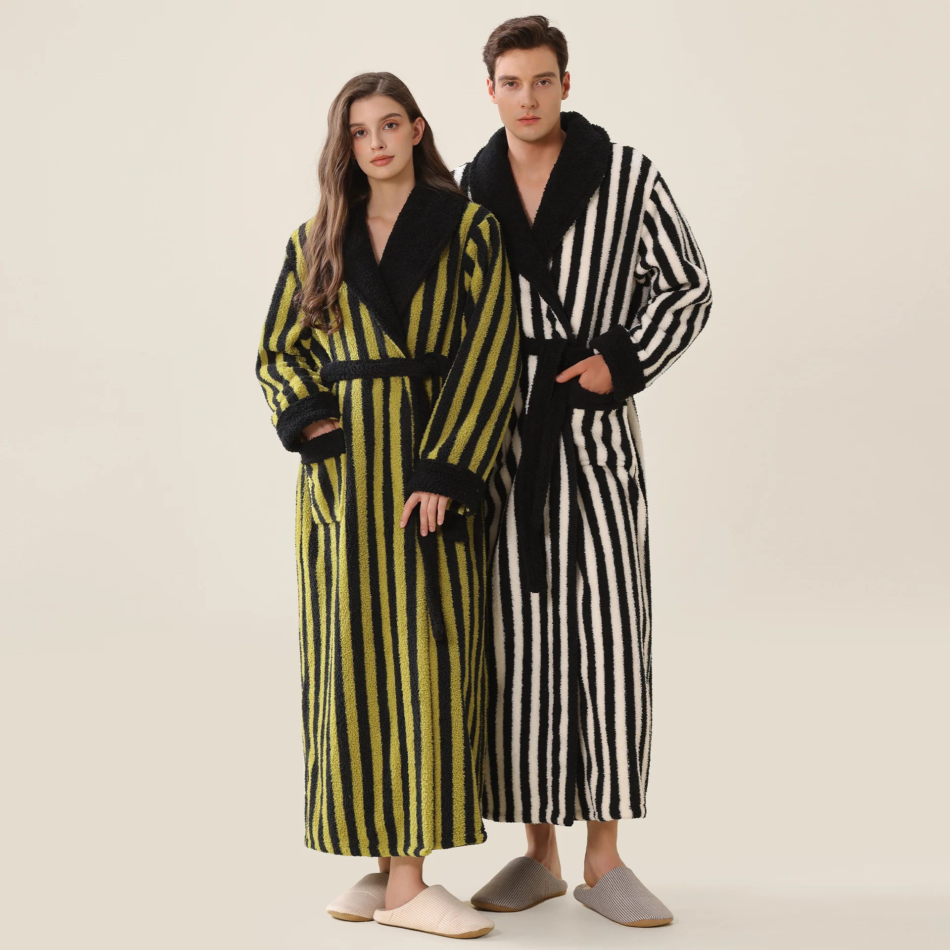 Winter Striped Coral Fleece Bathrobe Women Men Warm Kimono Bath Robe Cozy Kimono Shower Robes Lovers Loose Peignoirs Nightgown