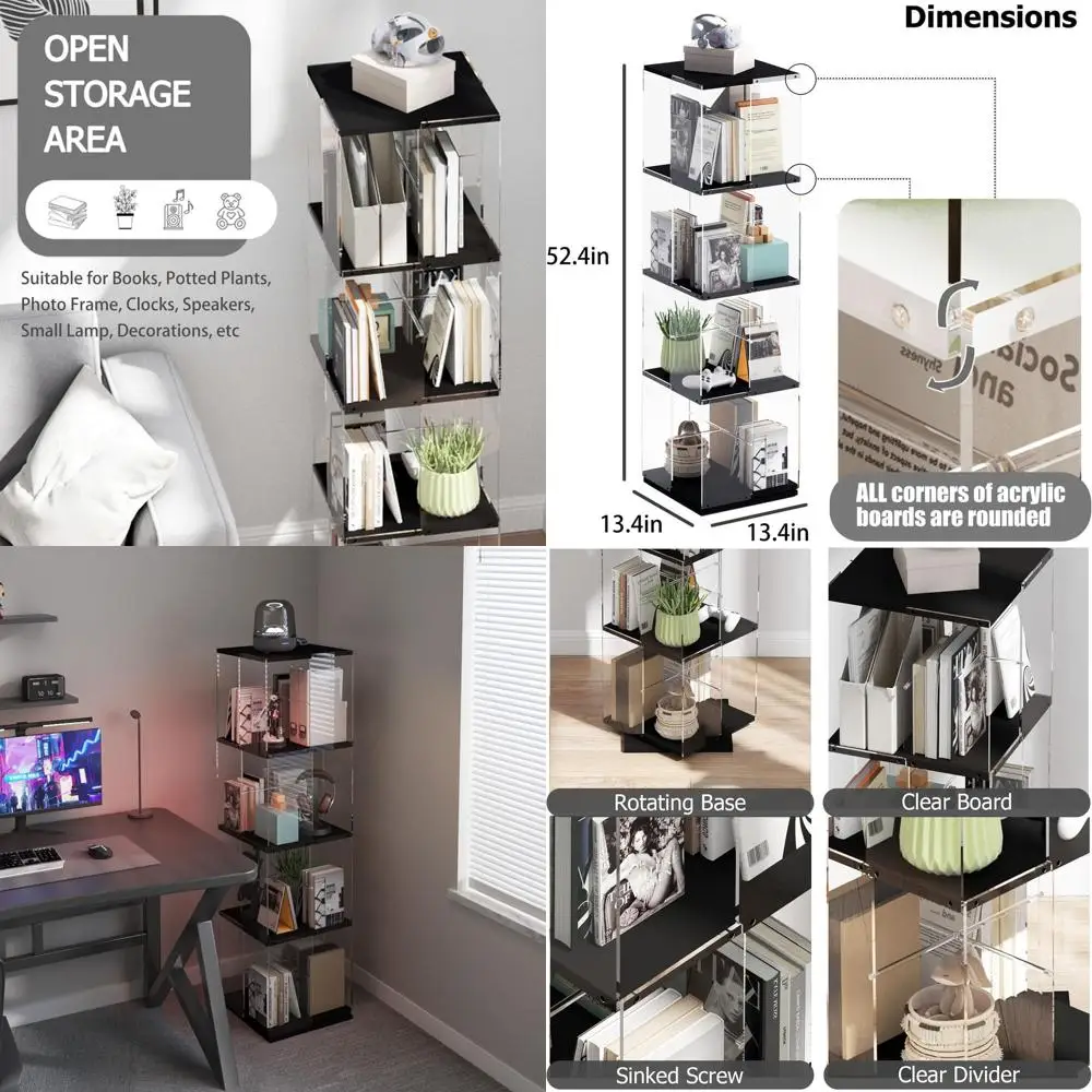 

360° Swivel Acrylic Bookshelf - Clear, Wooden, Black Frame for Home & Office Storage
