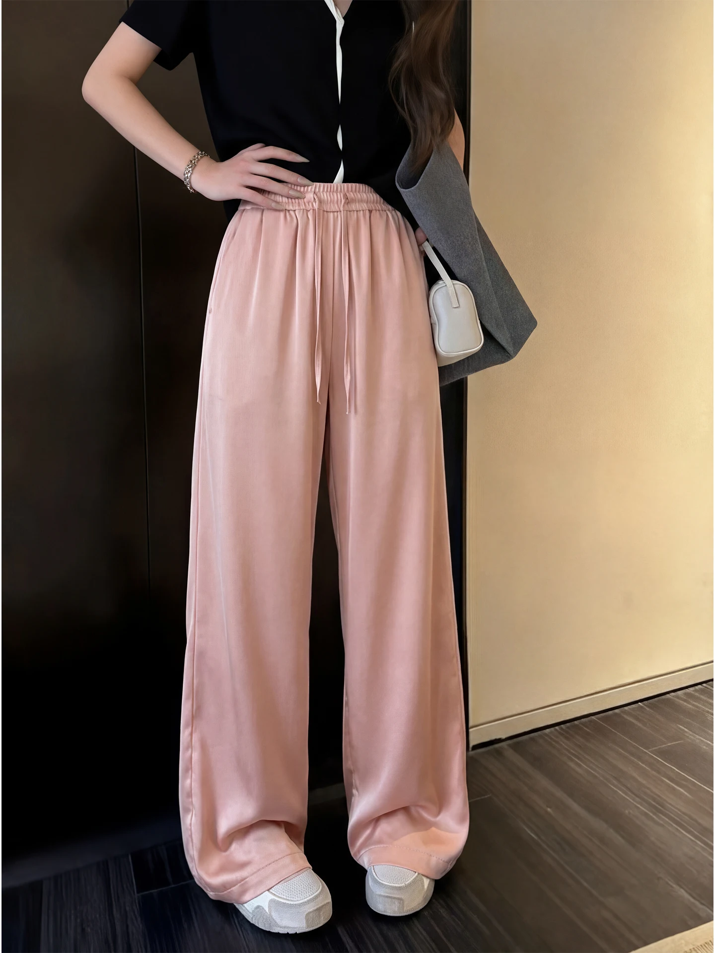 

Pink Wide Leg Pants High Waist Elastic Waist Acetate Satin Copper Ammonia Silk Casual Pants plus Size Spring 2026 Unique Design
