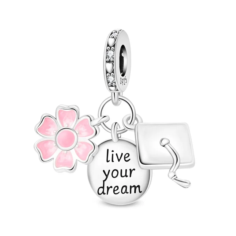 

New 925 Sterling Silver Pink Flowers Successfully Graduate Charms Pendant For Women Fit Original Bracelet DIY Jewelry Gifts