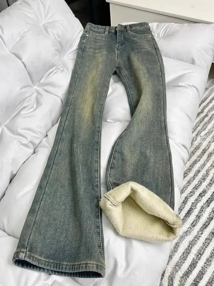 

Джинсы Bootcut, японские женские джинсы, полная длина, со средней талией, привлекательные, с блестками, чувственные, подтягивающие ягодицы, разглаживающие брюки, женские