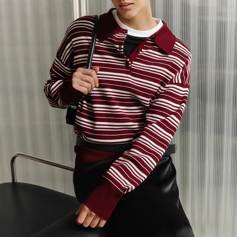 

Tornova Retro Contrast Striped Sweater Long Sleeve Top Female POLO Knitted Pullovers Casual 2025 Fashion Women's Sweater Outwear
