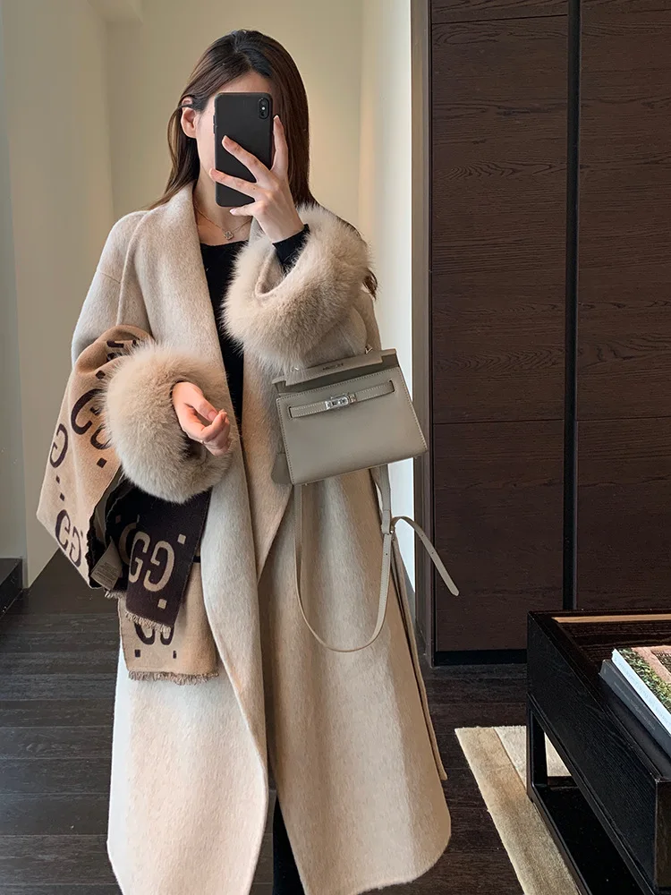 G102620~Fashionable Quality Luxury Fox Fur Cuff Design Lapel Woolen Coat Coat for Women Autumn and Winter New