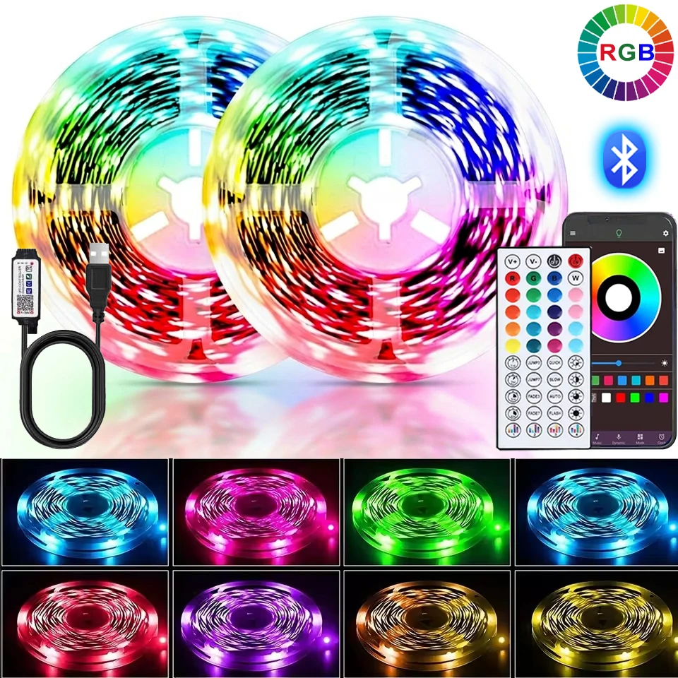 LED Strips Light for Bedroom, with 44-key Remote Control and Intelligent Application Control, Color Changing LED Strips Set, RGB Music Synchronous Lighting, Suitable for Rooms TV Backlight Home Wall Festival Party Atmosphere Decoration