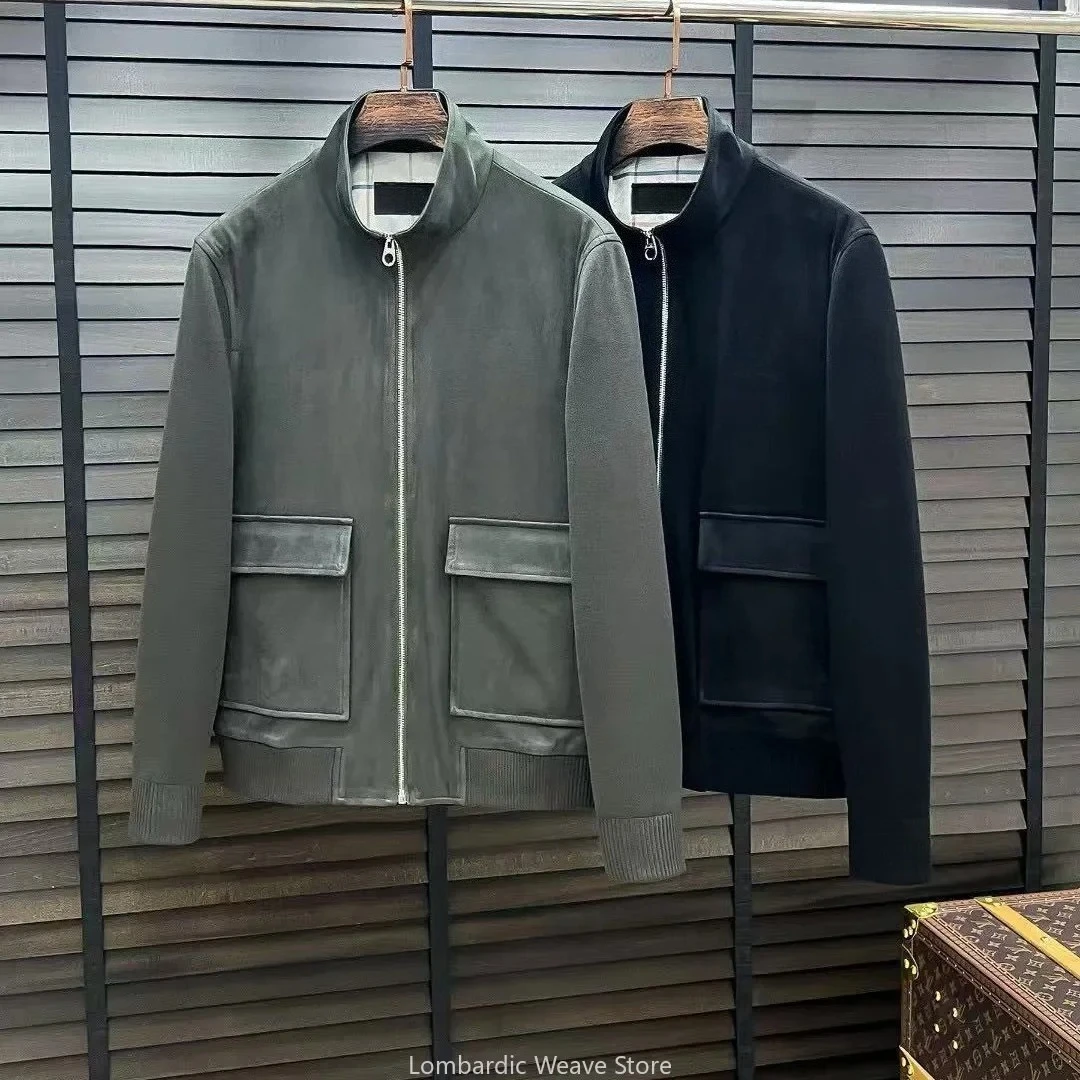 

Italian LP Suede Stand-Up Neck Knitted Sleeve Casual Embroidered Jacket