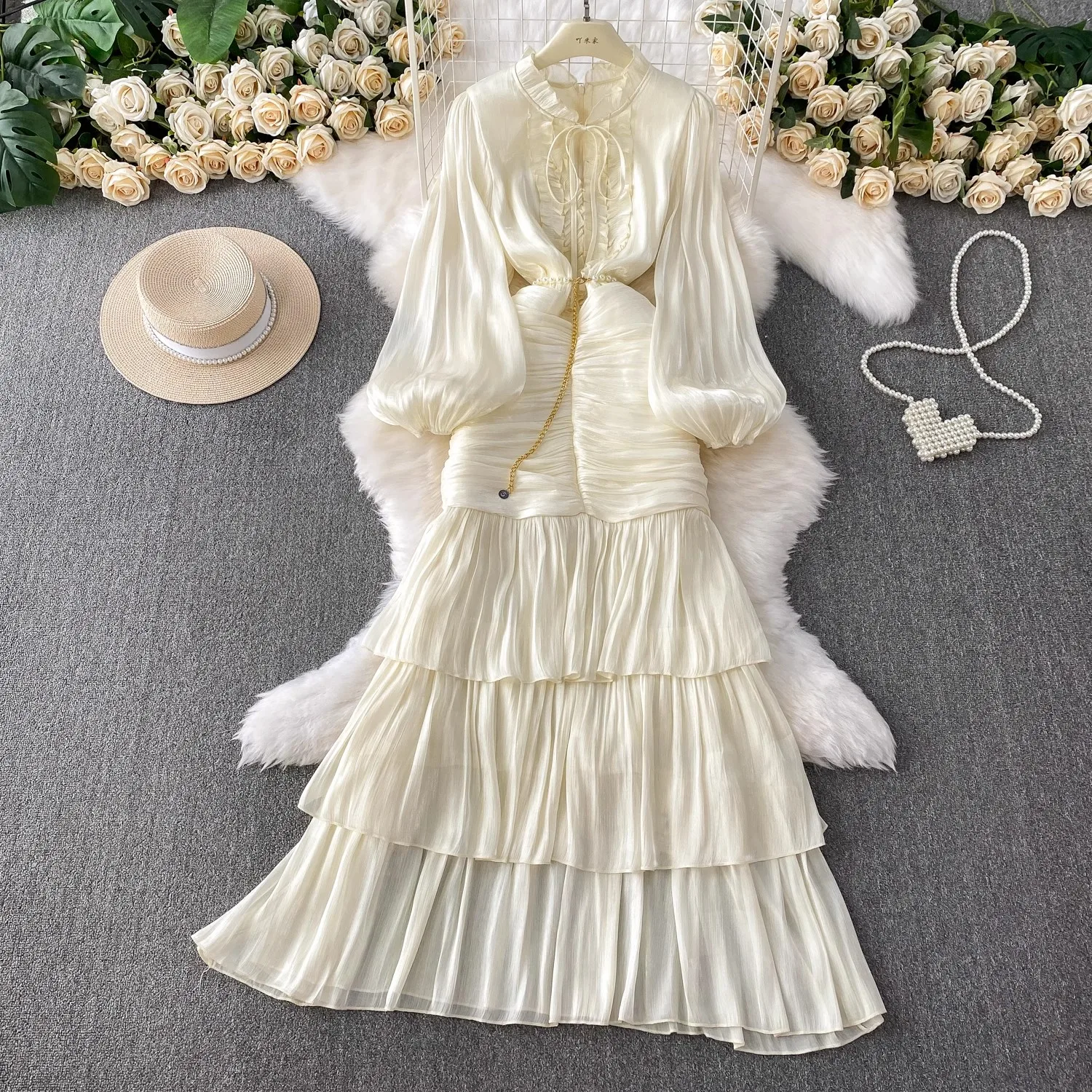 Francês elegante babados rendas longo vestido de baile de noite para mulheres manga longa lanterna frisado cinto ruched em camadas bodycon vestido