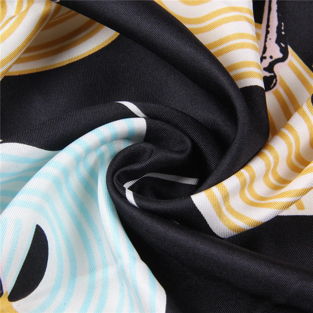 Manual Hand Rolled Twill Silk Scarf Women Horse Print Square Scarves Wraps Echarpes Curled Foulard Femme Bandana Hijabs 90CM