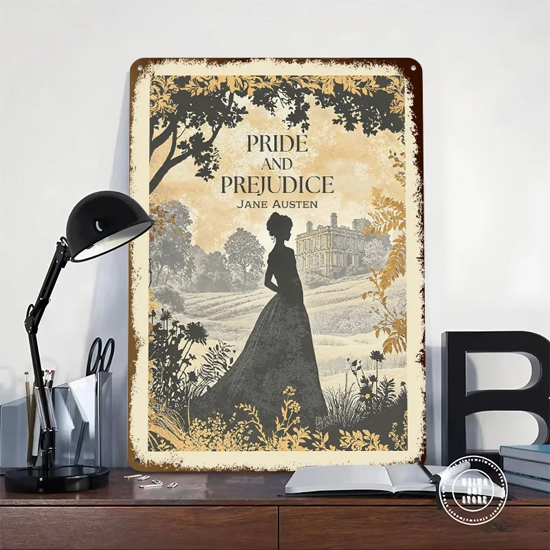 Pride and Prejudice Austen Book Cover Tinplate Posters Customizable Wall Art Retro Vintage Metal Signs for Home Room Desk Decor