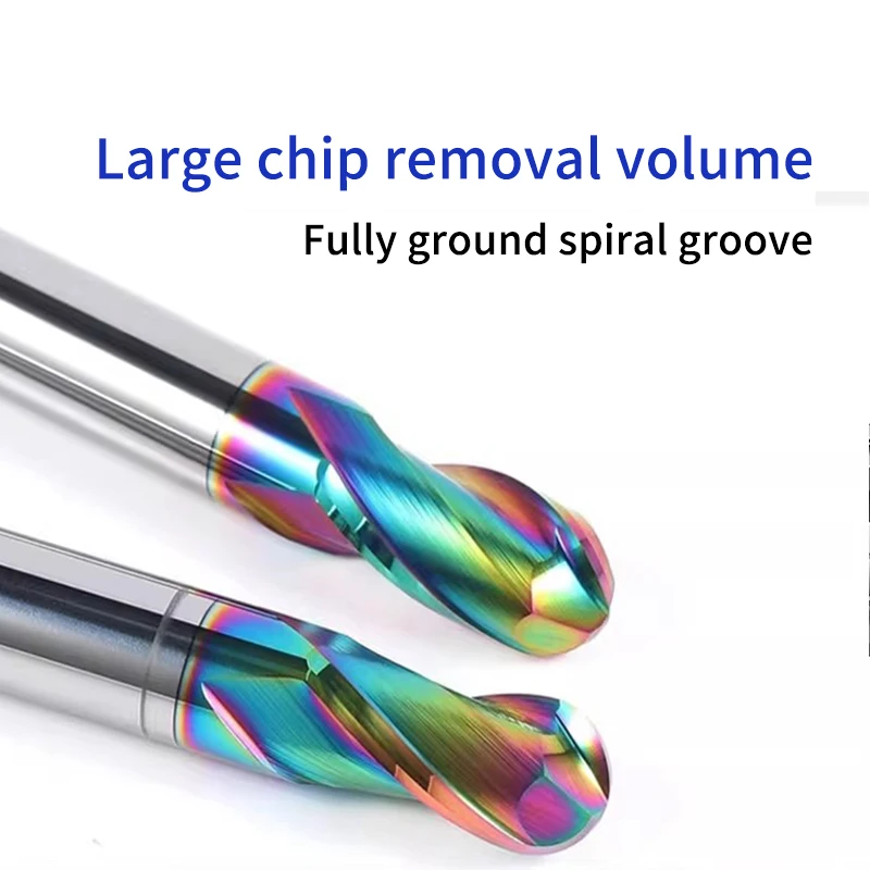 JRDS HRC55 2 Flute Ball Nose End Mill Rainbow Coated Solid Carbide CNC Milling Cutter for Aluminum Alloy