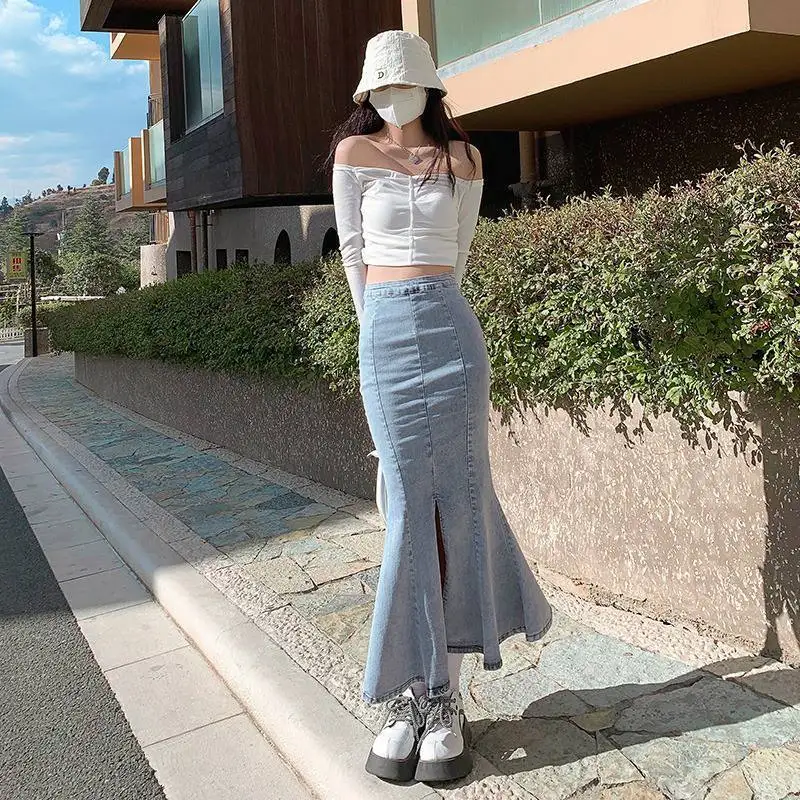 

Blue Denim Skirt for Women 2024 New Spring and Summer Style High Waist Mid-length Hip-covering Skirt Retro Fishtail Skirt