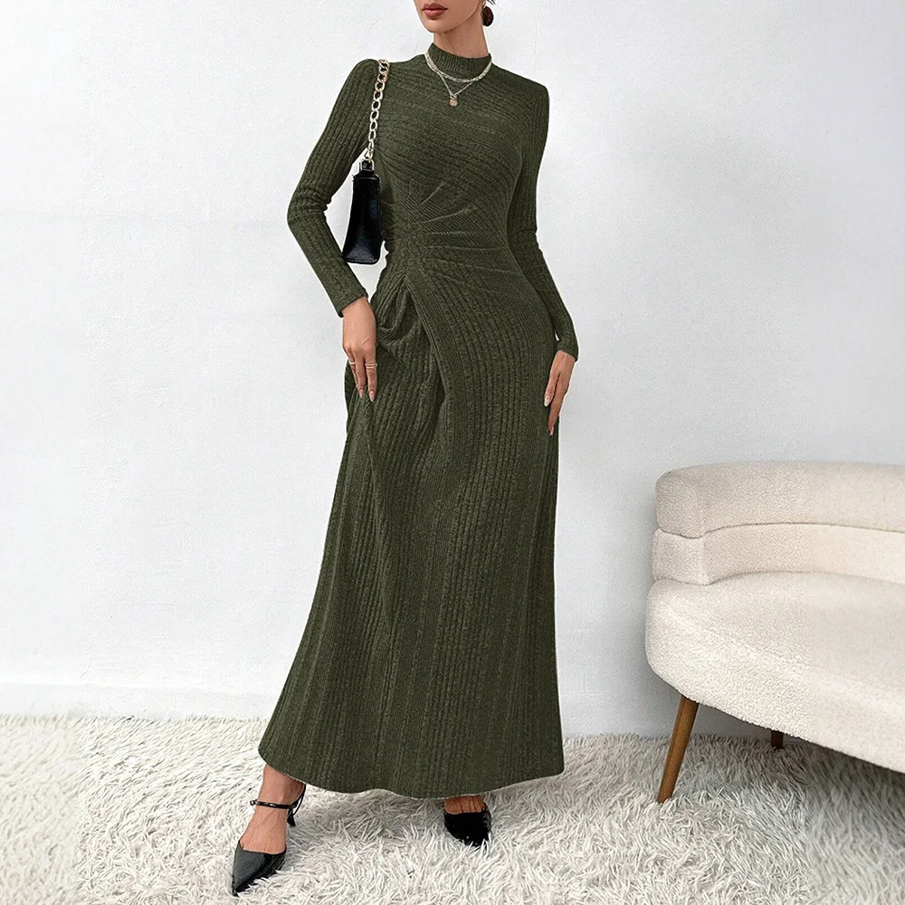 Mia Muse Women's Dresses Autumn Winter Decent Skinny Fit Plain Design Fold Long Sleeve Stand Collar Maxi Wrap Casual Dresses