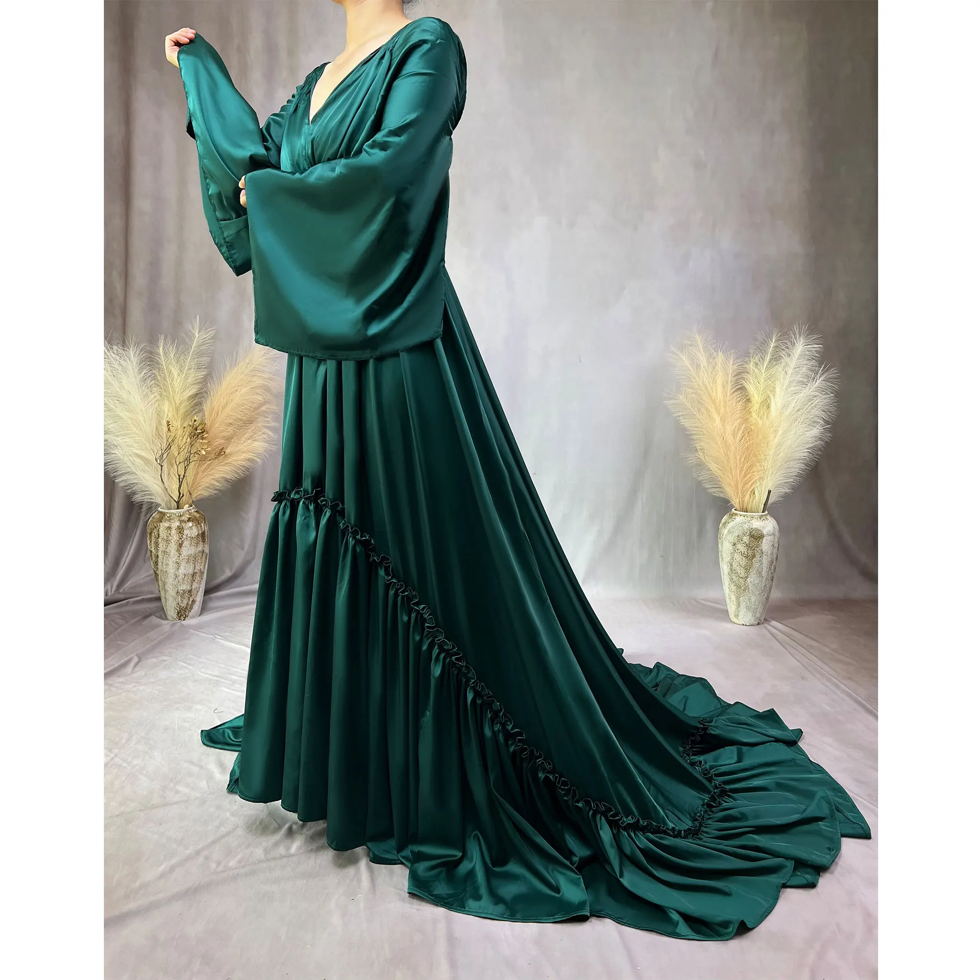 Boho Silk-like Dress for Women V-Neck Long Sleeve Front Slit Maix Gown Maternity Dresses Photoshoot Prop Christmas Party Gift