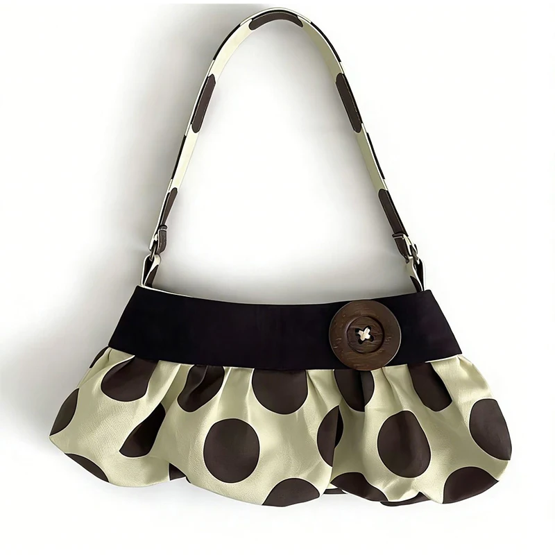 Koreanische Umhängetasche mit Polka Dots, große Tragetasche mit plissiertem Design und Holzknopf-Dekor, niedliche lässige Handtasche für Mädchen – Detail 16