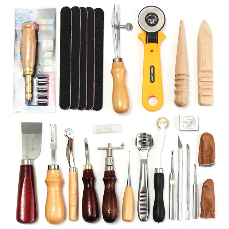 24Pcs Professional Leather Craft Tool Kit Hand Sewing Repair Kit Wax Thread Stitching Punch Carving Work Groover DIY Tool Set