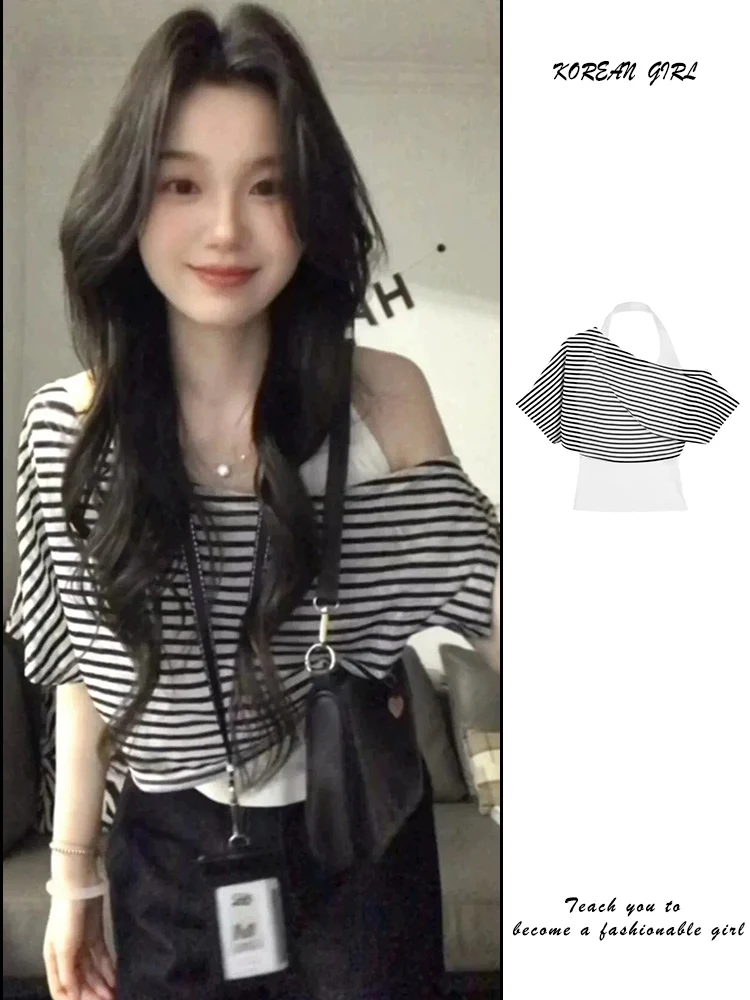 Sweet Cool Spicy Shoulder Bared Short Sleeve T Shirt Women's Slim Fit Unique Diagonal Collar Loose Top Summer New Arrival