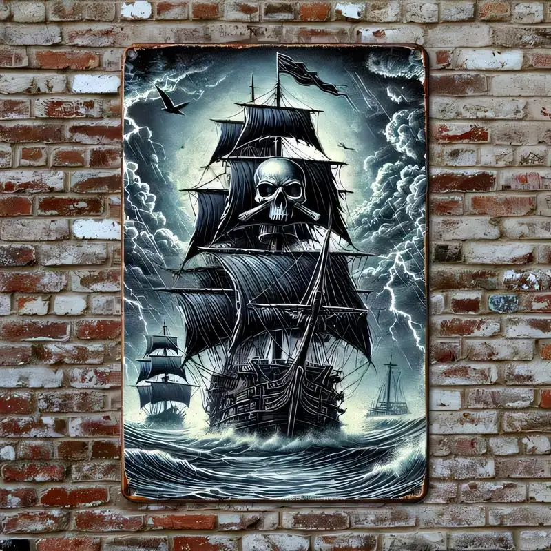 Vintage Metal Tin Sign, Skull Pirate Ship Stormy Sea - Dark Gothic Retro Wall Art, Iron, Perfect for Bar/Game Room/Pirate Decor