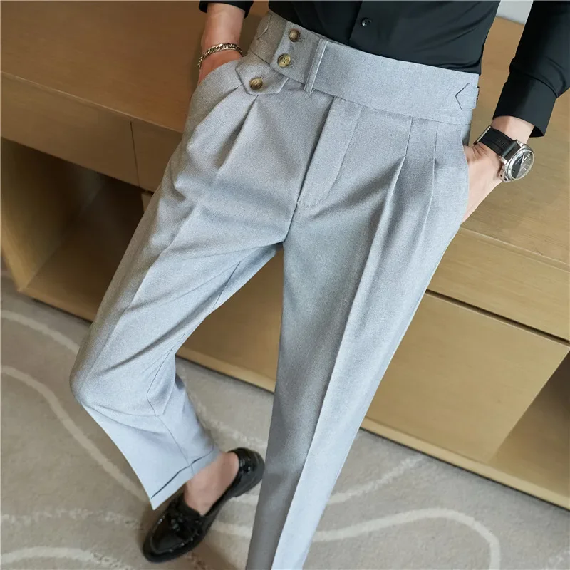 2024 Spring Autumn Men High Waist Belt Design Casual Slim Formal Dress Pant Men Social Office Wedding Party Dress Suit Pants