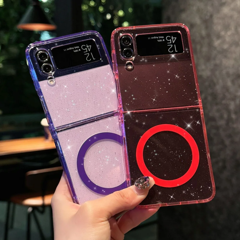 Funda Z Flip 7 con purpurina transparente de carga inalámbrica Magsafe Funda para Samsung Galaxy Z Flip 7 6 5 4 3 Funda transparente Flip7fe