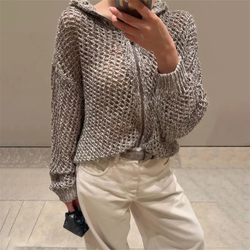 New Autumn Women's Diamond Sequin Linen BlendHooded Knit Cardigan High-QualityFashionable Casual Loose-FittingOpenwork Knit Coat