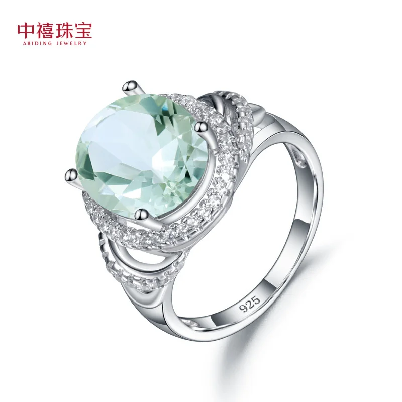 brand genuine real jewels S925 Sterling Silver Green Amethyst Fashion Luxury Inlay 10 * 12mm Natural Color Treasure Ring high qu