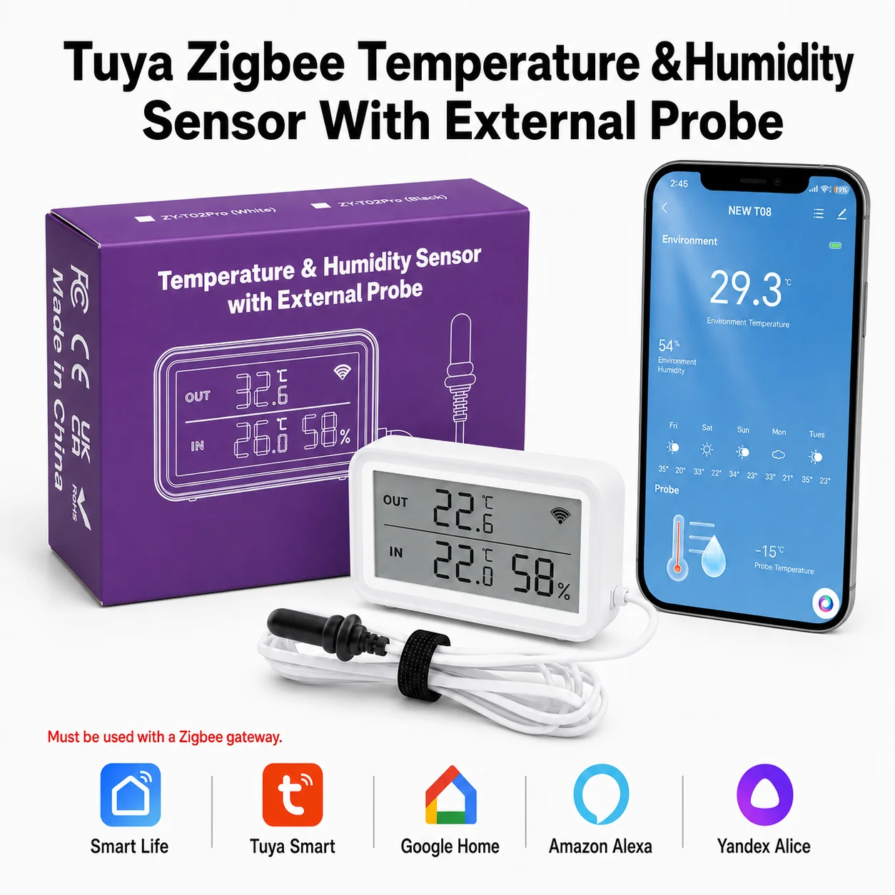 NEW Tuya Zigbee Sensor Temperature Humidity Meter Digital LCD Convenient With Smart Life Google Assistant,With External Pro