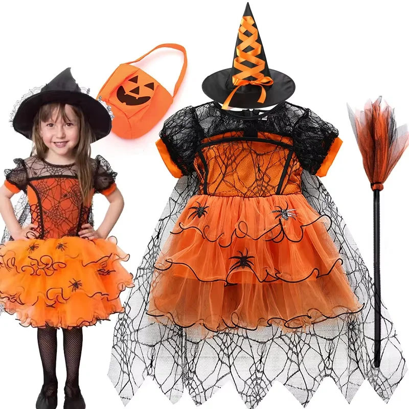 1-6Y Baby Girls Spider Mesh Fantasy Dress Princess Vampire Witch Halloween Carnival Kids Stage Cosplay Party Outfit
