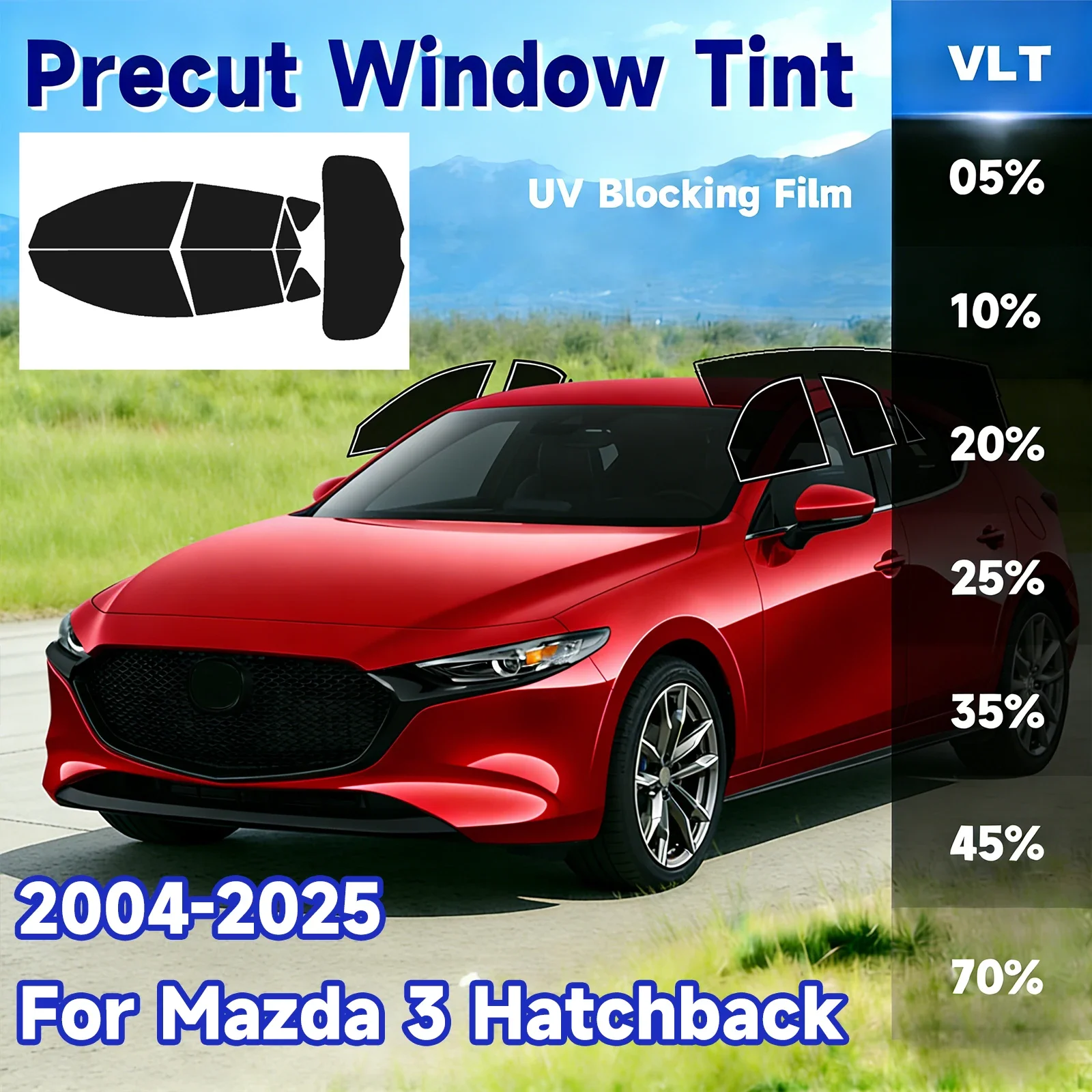 Custom Fit Precut Window Tint, Reusable Removable EPU Film for Mazda 3 Hatch 2004-2025, Effective UV Heat Insulation Protection
