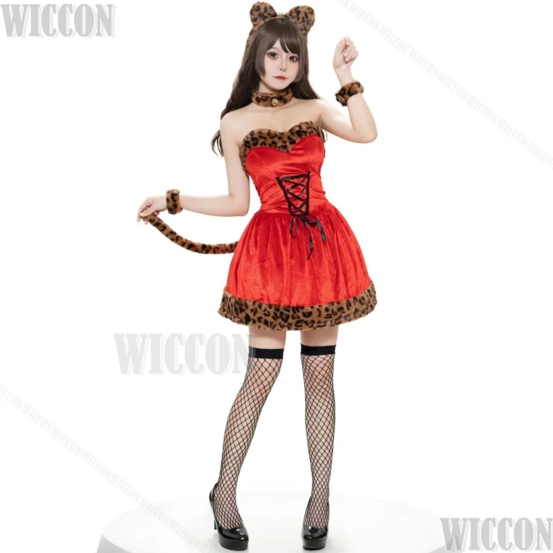 2024 Boże Narodzenie Leopard Print Sexy Red Dress Cosplay Costume Suit Hat Socks Furry Cute Women Girl Halloween Role Play Customized