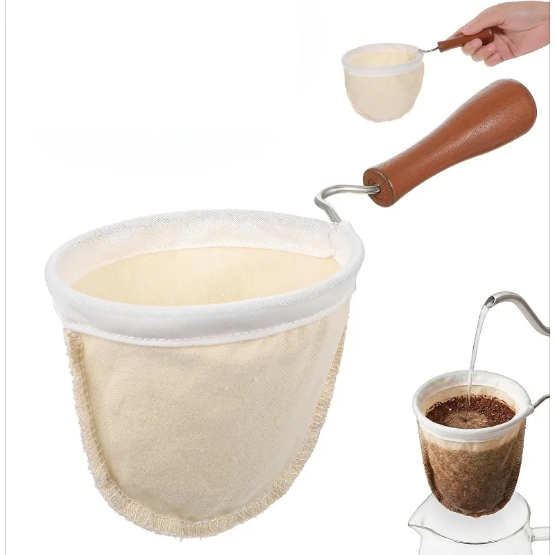 Coffee Sock Filter, Washable Coffee Strainer Cloth ,Reusable Cloth Coffee Filters with Wooden Handle for Drip Coffee Maker