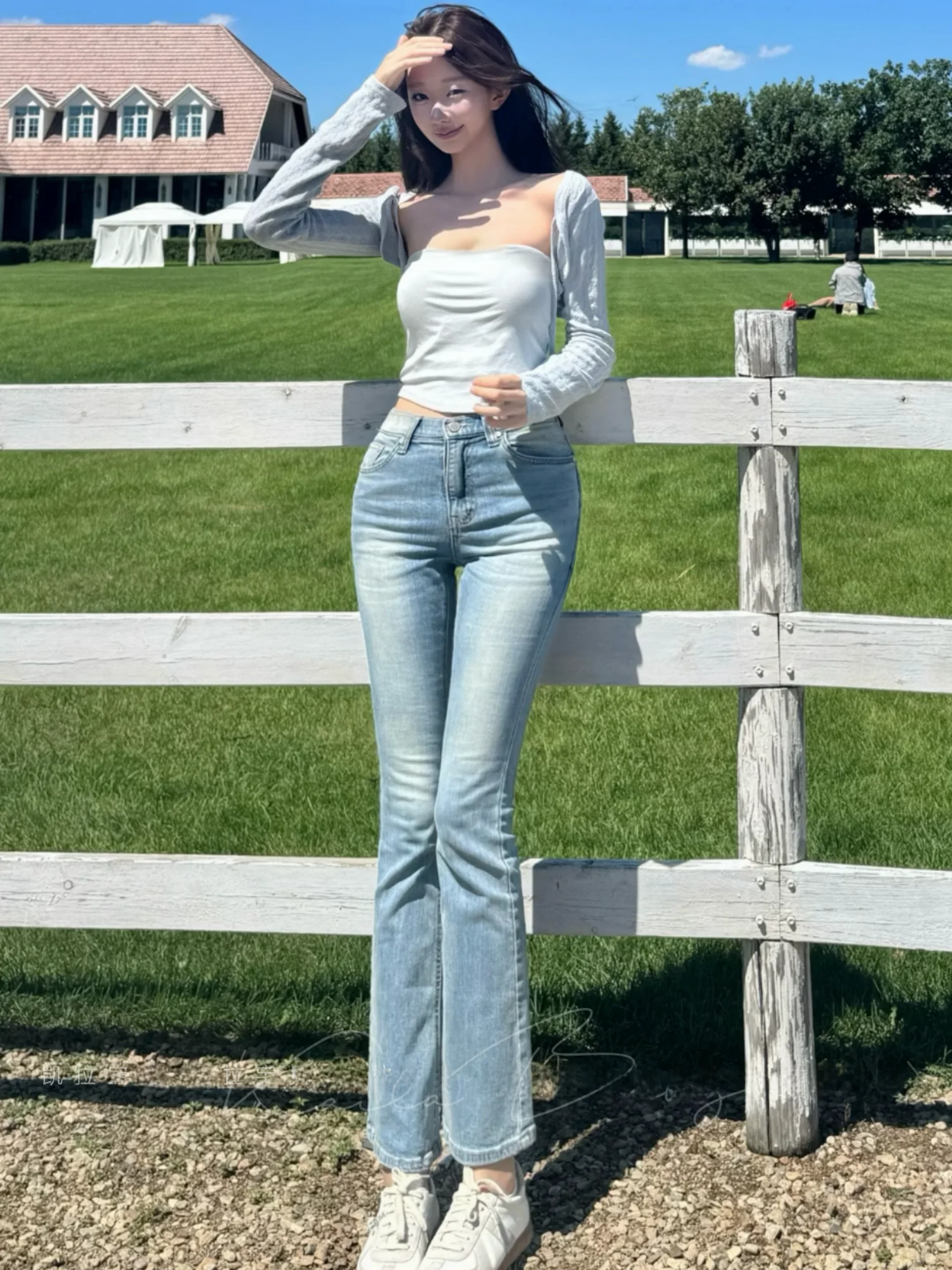

Slim Fit Light Blue Waed Jeans High Waist Cotton Stretch Denim Korean Sle Bell Bot Women's Faion Autumn Season