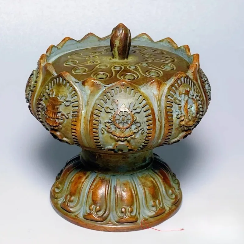 Brûleur d'encens en bronze antique à huit symboles porte-bonheur, ornement de table pour cérémonie d