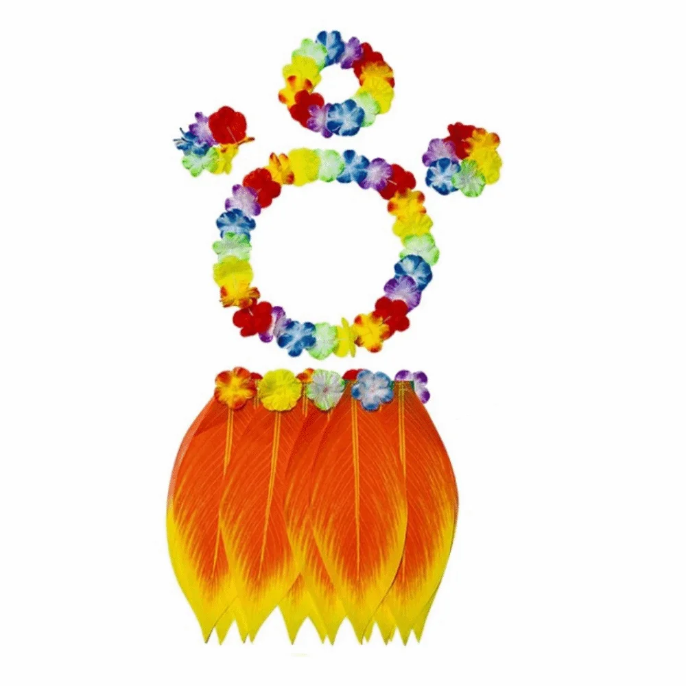 5Pcs Simulation Leaf Hawaiian Luau Outfit Set Hibiscus Wreaths Hawaiian Garlands Complete Dance Outfit Grass Skirt