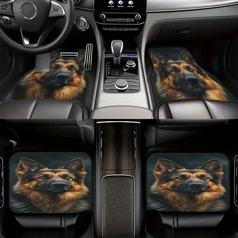 4pcs Loyal Guardian German Shepherd, Crystal Velvet Car Floor Mats Set With Artistic Print, Stylish And Comfortable Pedals For S
