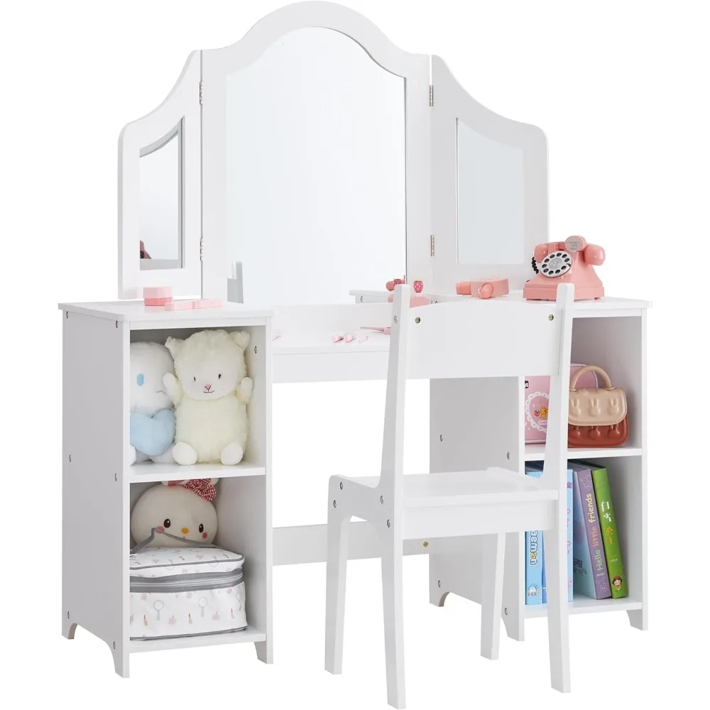 2-in-1 Children's Dresser Set, Princess Makeup Dresser Storage Cabinet, removable top, mirror ages 3-9 (white with chair)