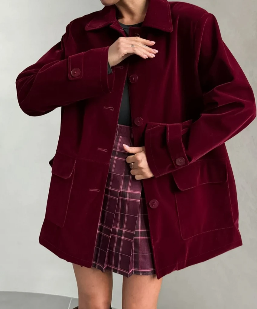 2025 Autumn and Winter Fashion Gold Velvet Jacket Retro Wine Red Jacket Coat High-end Women's Clothing