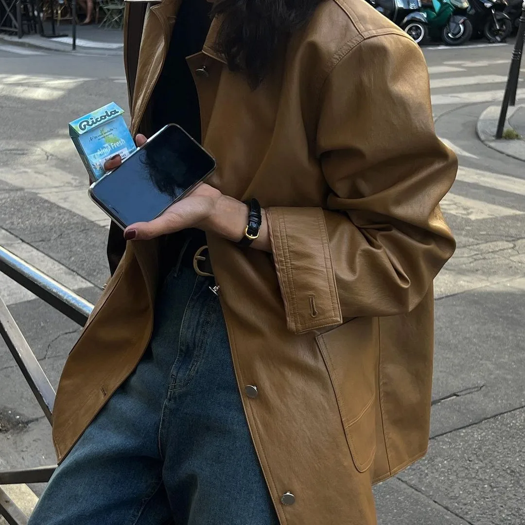 Chic Korean Style Women's Leather Jacket Loose Fit Turn-down Collar Mid-length Vintage Motorcycle Coat Autumn Fashion Outerwear