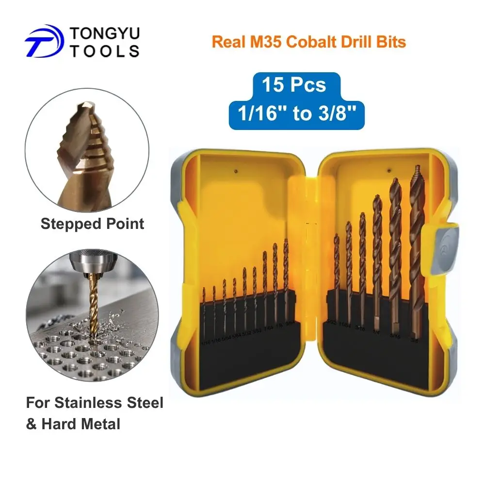 

M35 Cobalt Drill Bit Set 15Pcs SAE 1/16-3/8in HSS Co5 Jobber Twist Bits Stepped Point for Stainless Steel