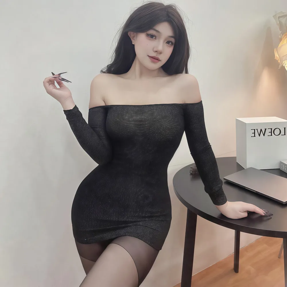 Slash Neck Frauen Nachtwäsche Porno Spitze Unterwäsche Schwarz Mini Nacht Kleid Erotische Dessous Babydoll, Figurbetontes Kleid Nacht Party Tragen – Detail 3