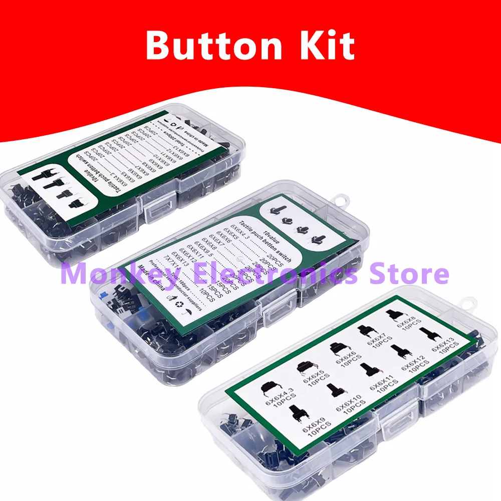 100/180/200pcs 10Models 6X6 Tact Switch Tactile Push Button Switch Kit Height 4.3 5~13MM DIP 4P Micro Switch7*7*14 Self-lockin