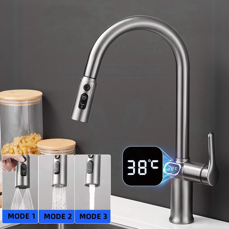 Digital Temperature  Display Pull Out Faucet Kitchen Single Handle Kitchen Sink Rotation Mixer Sprayer Hot And Cold Water Taps