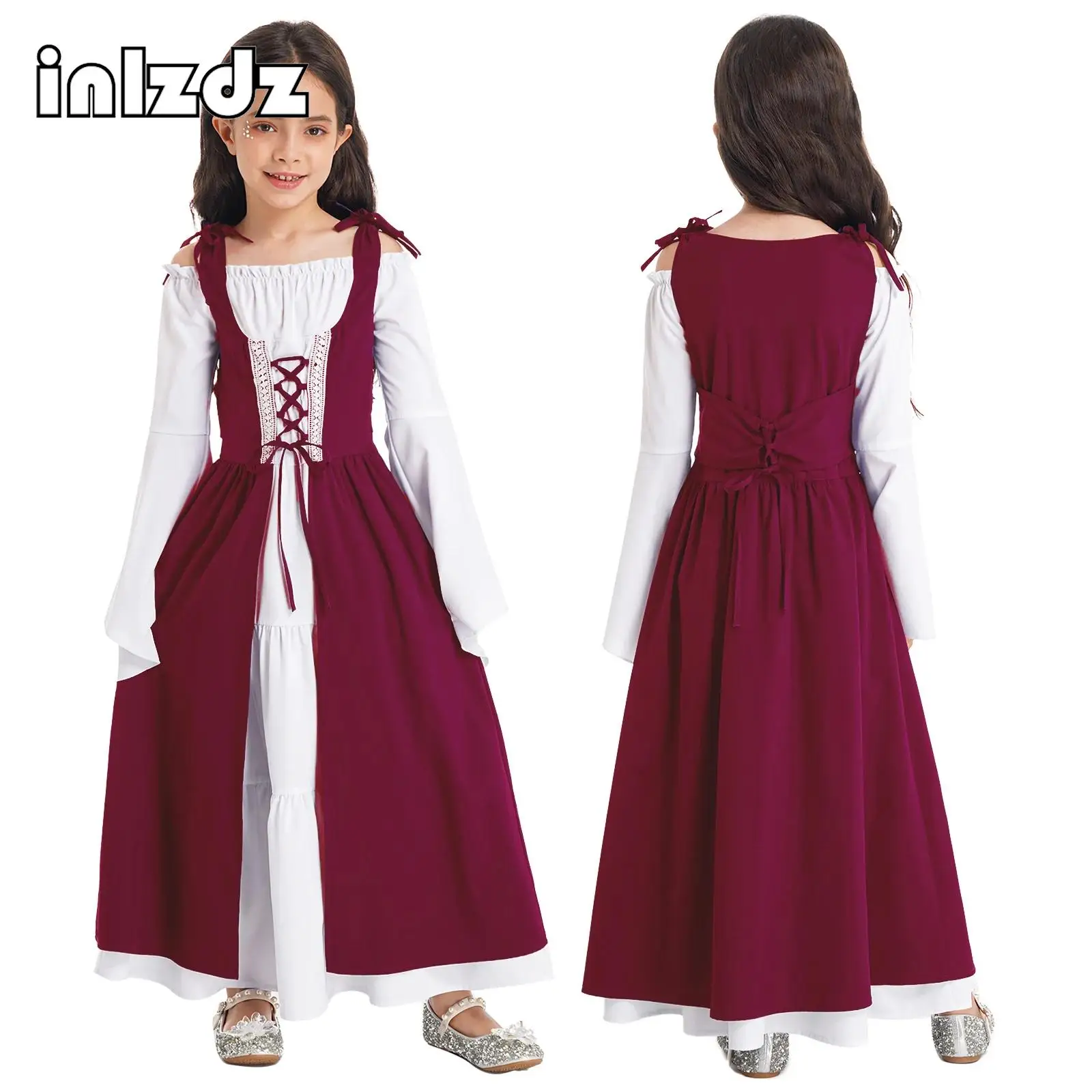 

Girls Medieval Renaissance Cosplay Costume Long Flare Sleeve Lace-up Robe Gown Dress Princess Evening Party Halloween Clothes