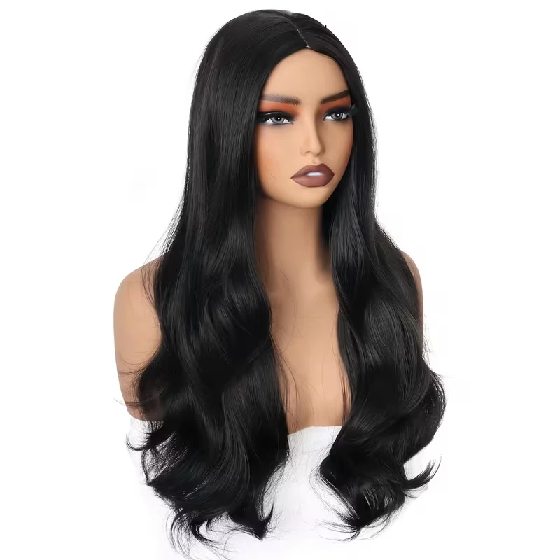 Black Synthetic Wig with Big Waves for Everyday Wear