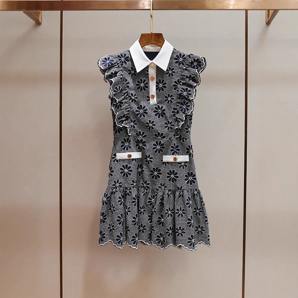 

Элегантное женское платье с вышивкой и цветочным воротником, пэчворк, с богатой вышивкой, А-силуэт, юбка с завышенной талией, в деловом стиле, для девочек