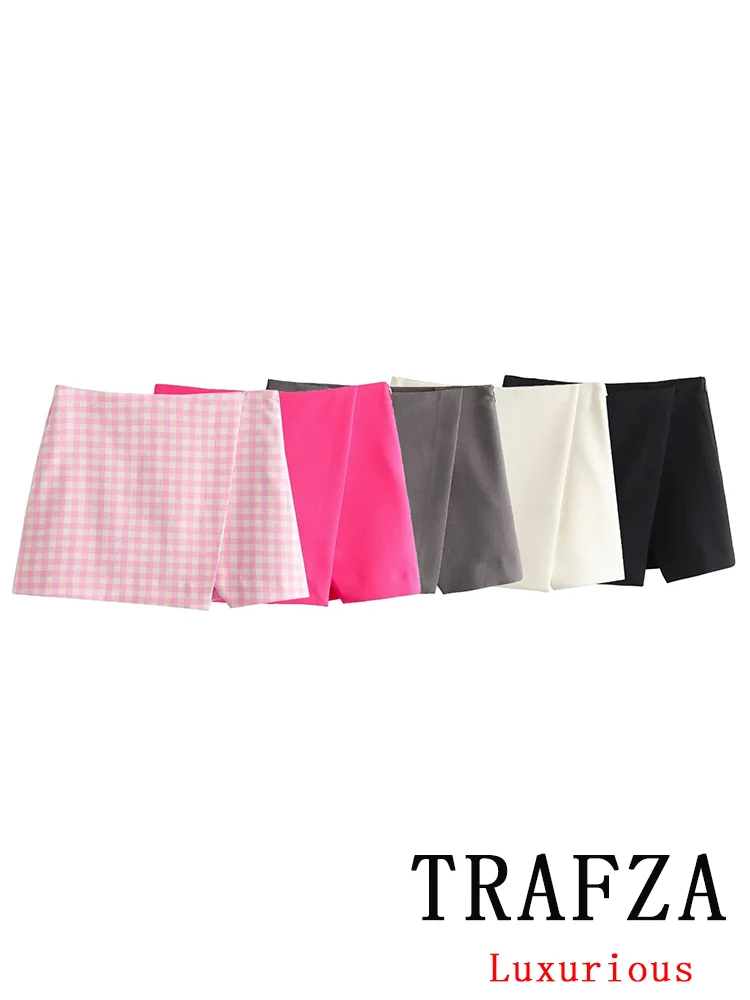 TRAFZA Vintage Casual Chic Women Skirt Solid Asymmetry Short Slim Straight Skirt Fashion 2024 Spring Streetwear Mini Skirt