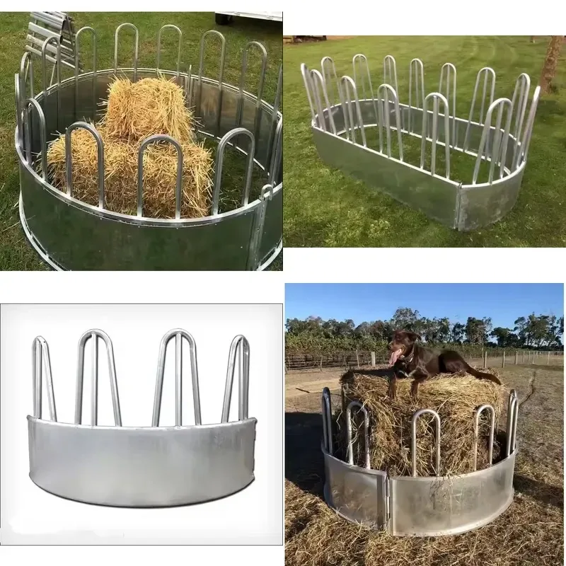 3 Piece Galvanized Round Hay Feeder for Cattle Horse Sheep Assembled Bundle Feeder with Fence Mesh and Gate