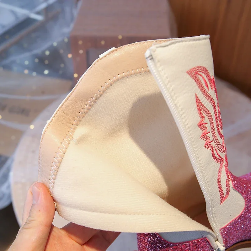 Kinder Mädchen Rosa Glitzer Western Cowboystiefel, Besticktes Design, Seitenreißverschluss, Rutschfeste Sohle für Verkleidungen & Freizeitkleidung EU-Größe – Detail 11